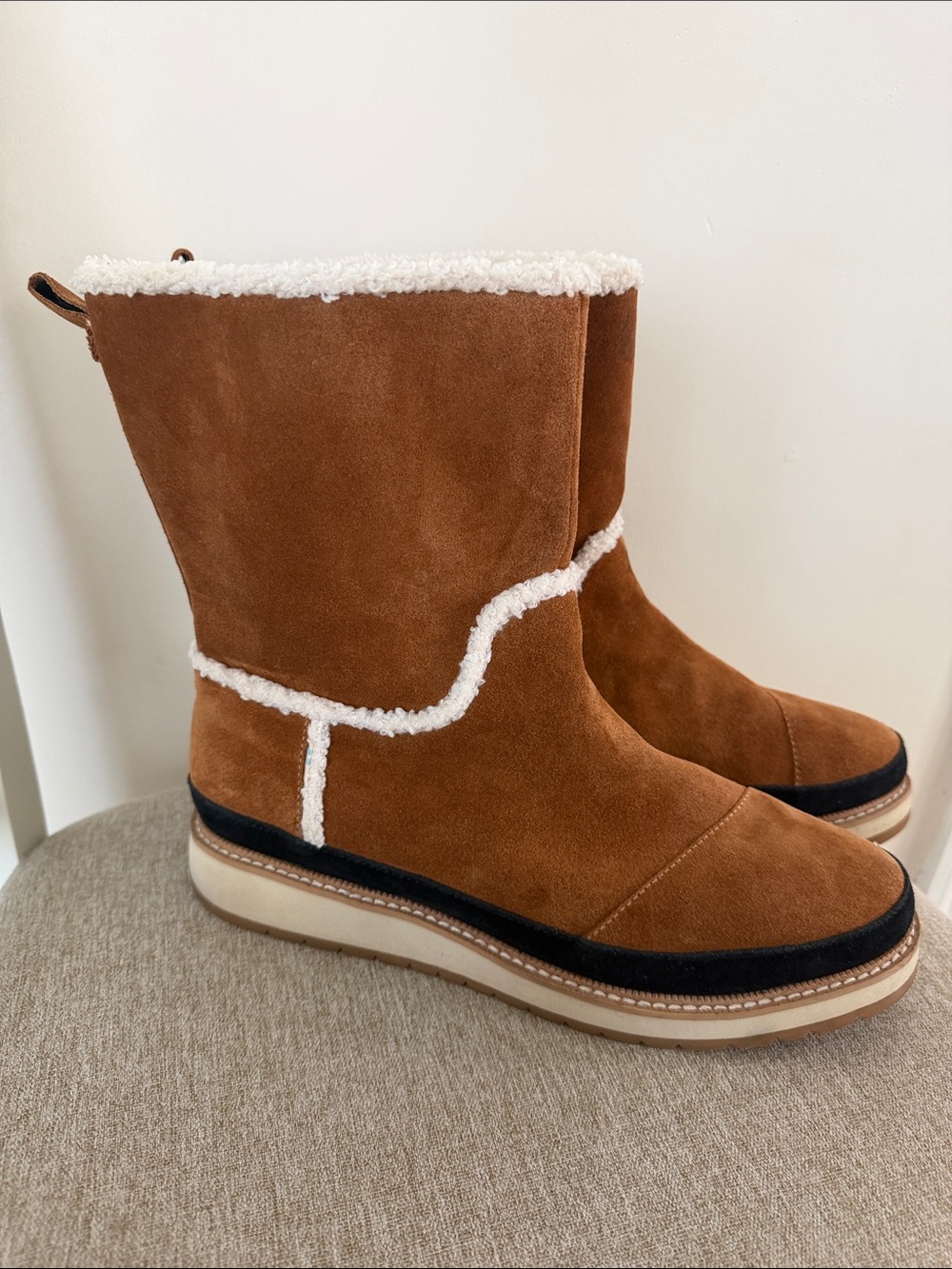 Toms Chestnut Suede Shearling-Trim Mid-Calf Boots Women’s 9